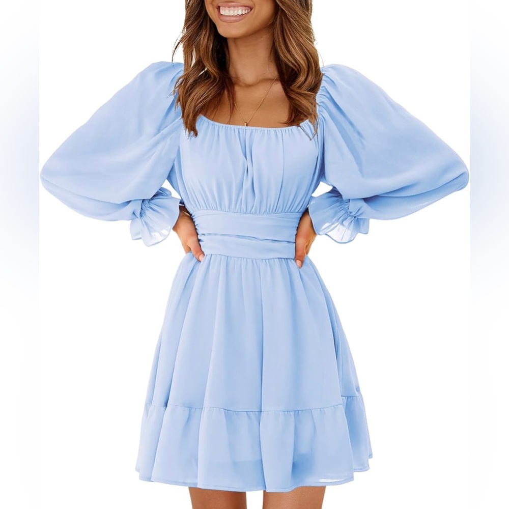 Small Sky Blue Lantern Sleeve Tie Back Dress Like New